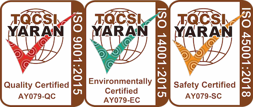 TQCSI-YARAN certification marks: ISO 9001 Quality Certified (AY079-QC), ISO 14001 Environmentally Certified (AY079-EC), ISO 45001 Safety Certified (AY079-SC)