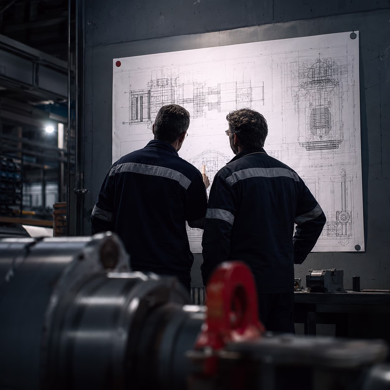 Two engineers in hi-vis studying a schematic in a workshop