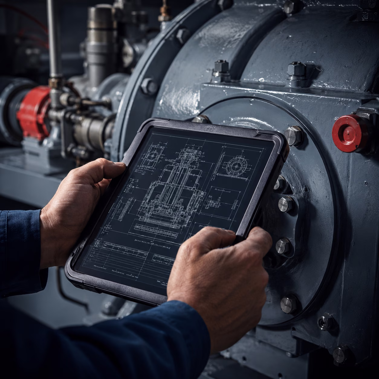 Engineer's hands holding a rugged tablet of technical schematics against industrial machinery