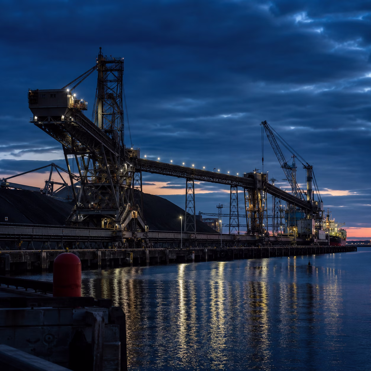 Port of Newcastle heavy-industry waterfront at dusk