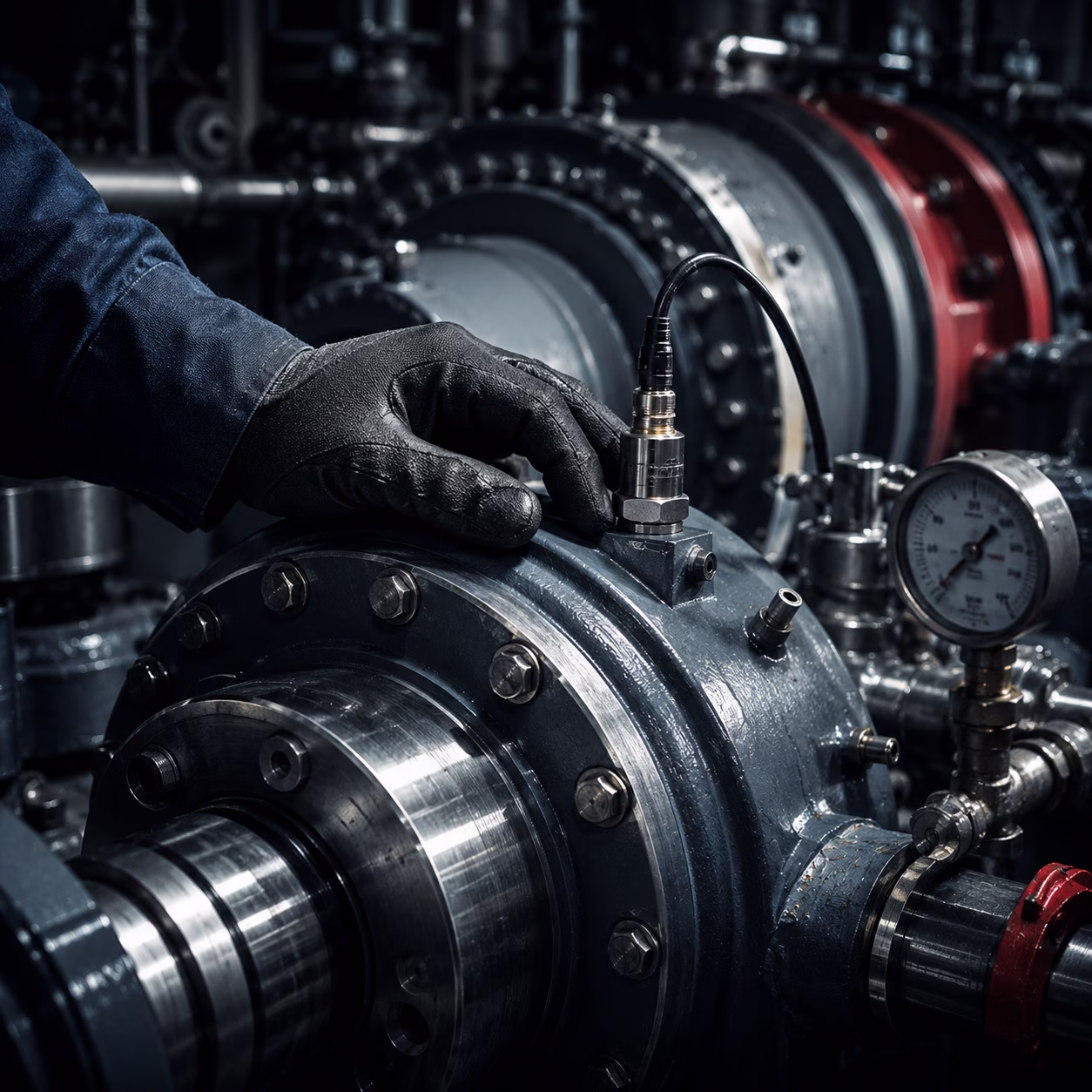 Technician inspecting a large steel pump-turbine assembly